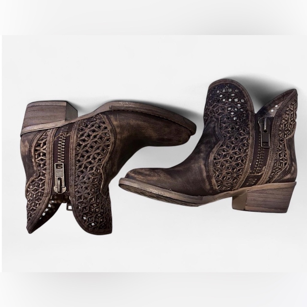 Women's Brown Perforated Leather Ankle Boots with Side Zip
